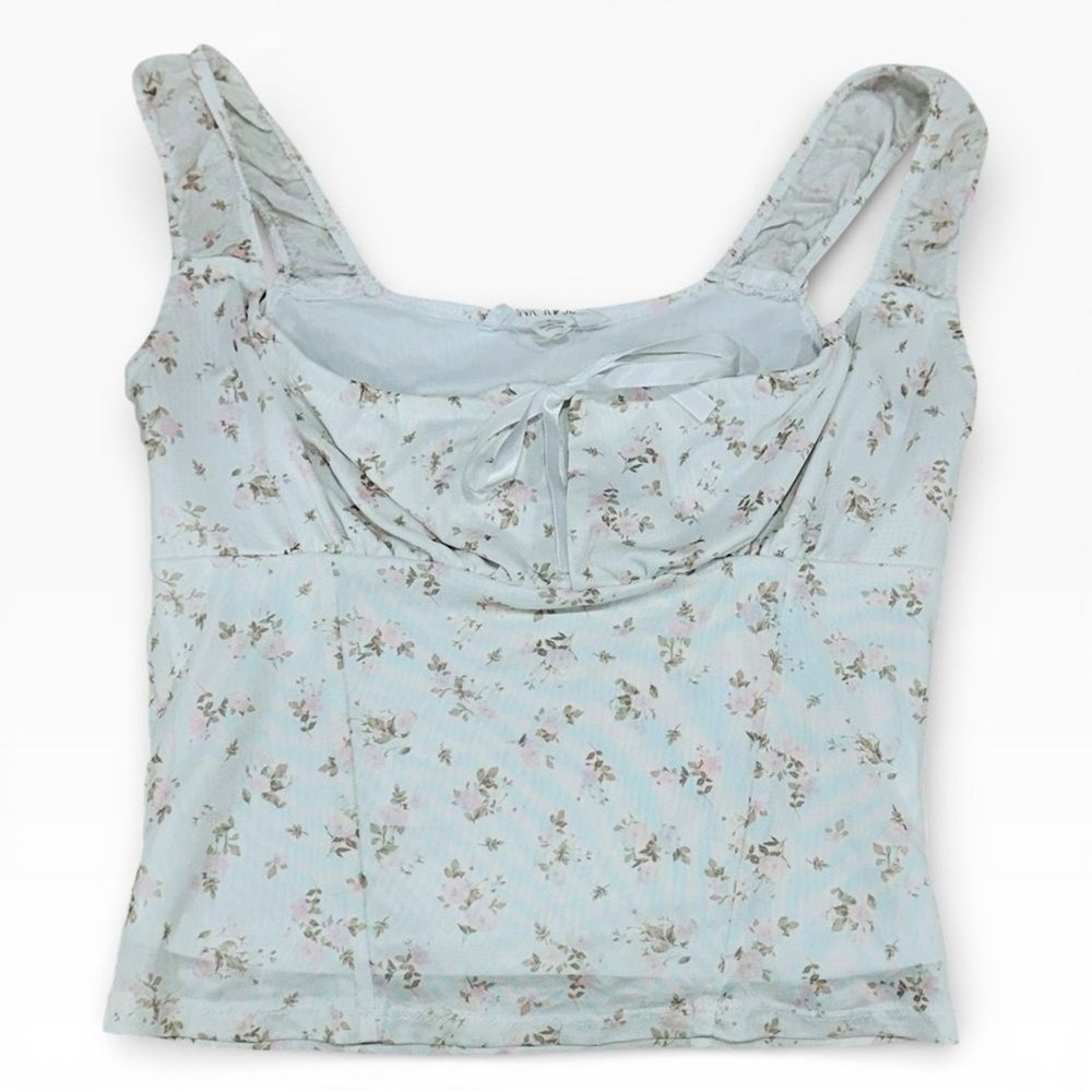 Floral Corset Tank Top S White Bustier Tie Front Coquette Balletcore Cottagecore